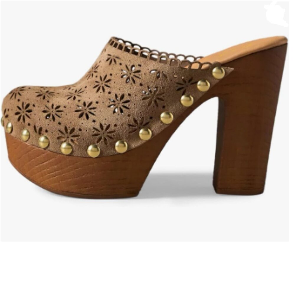 FOWT Tan Studded Round Toe Floral Cut Out Platform Mules Chunky Heel Sandals